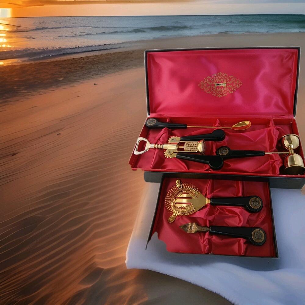 Vintage MCM Thailand 24 carat gold bar set mixed drinks 5 tools Box